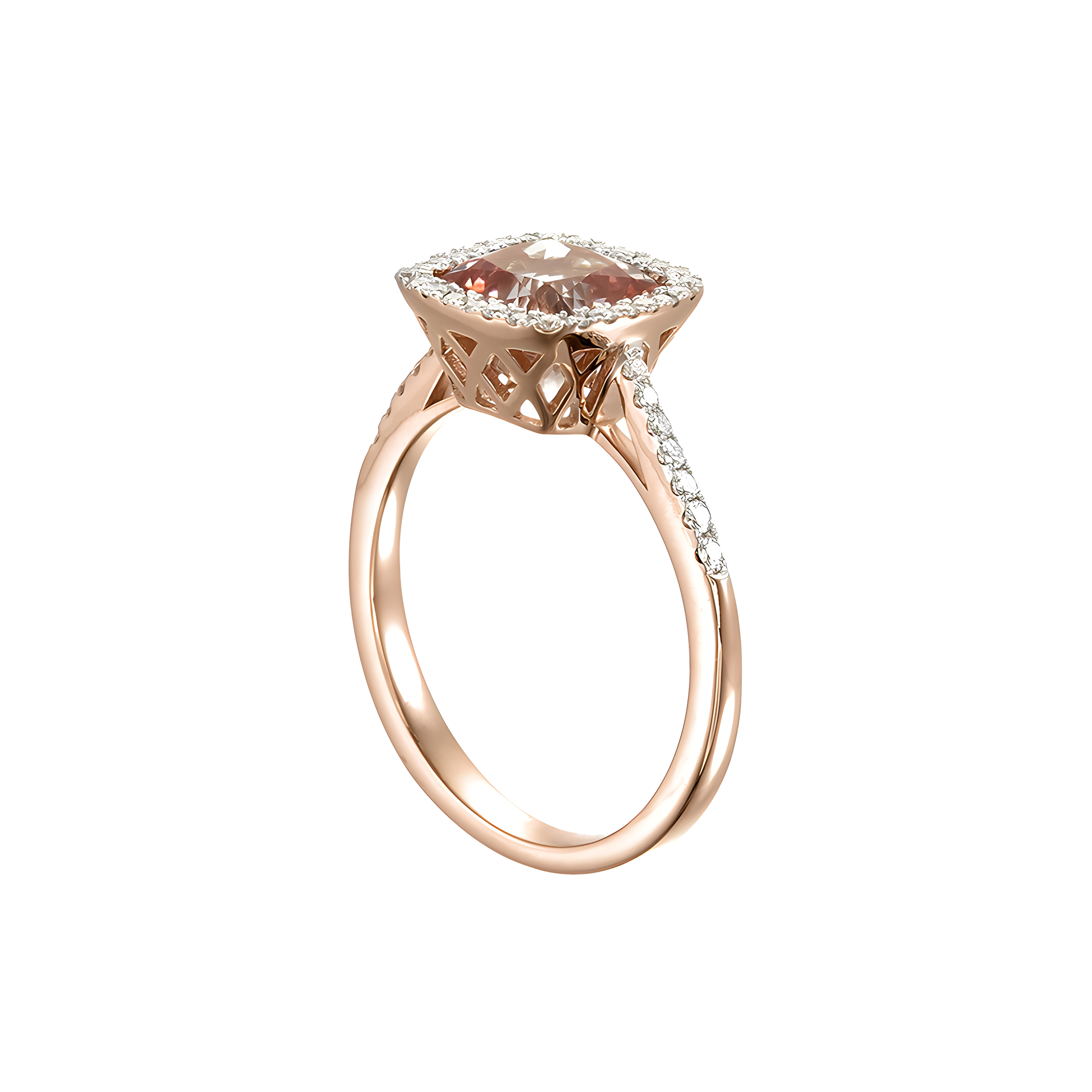 Cushion Morganite and Diamond Halo Ring in 18k Rose Gold