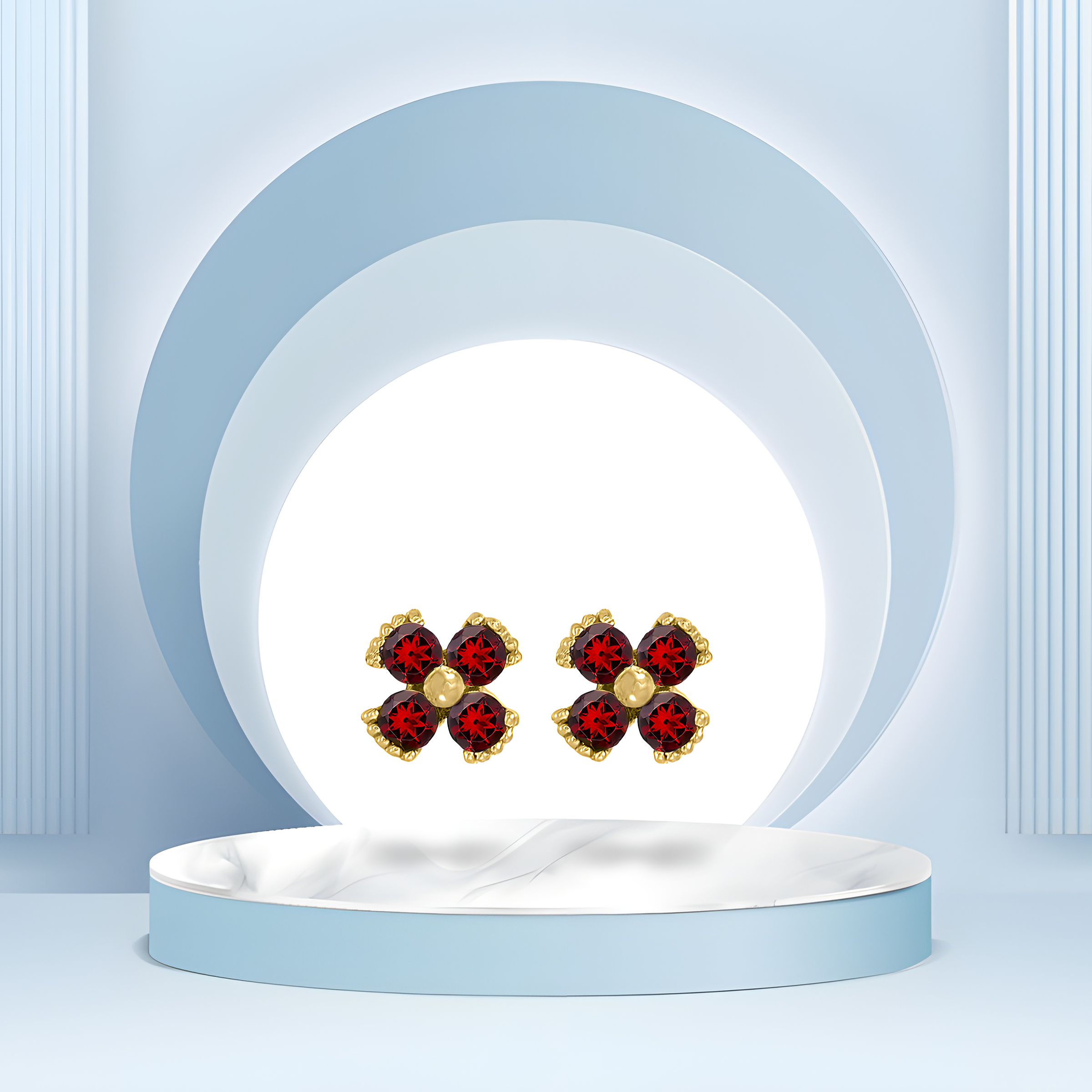 Dainty Floral Garnet Stud Earrings in 18k Yellow Gold