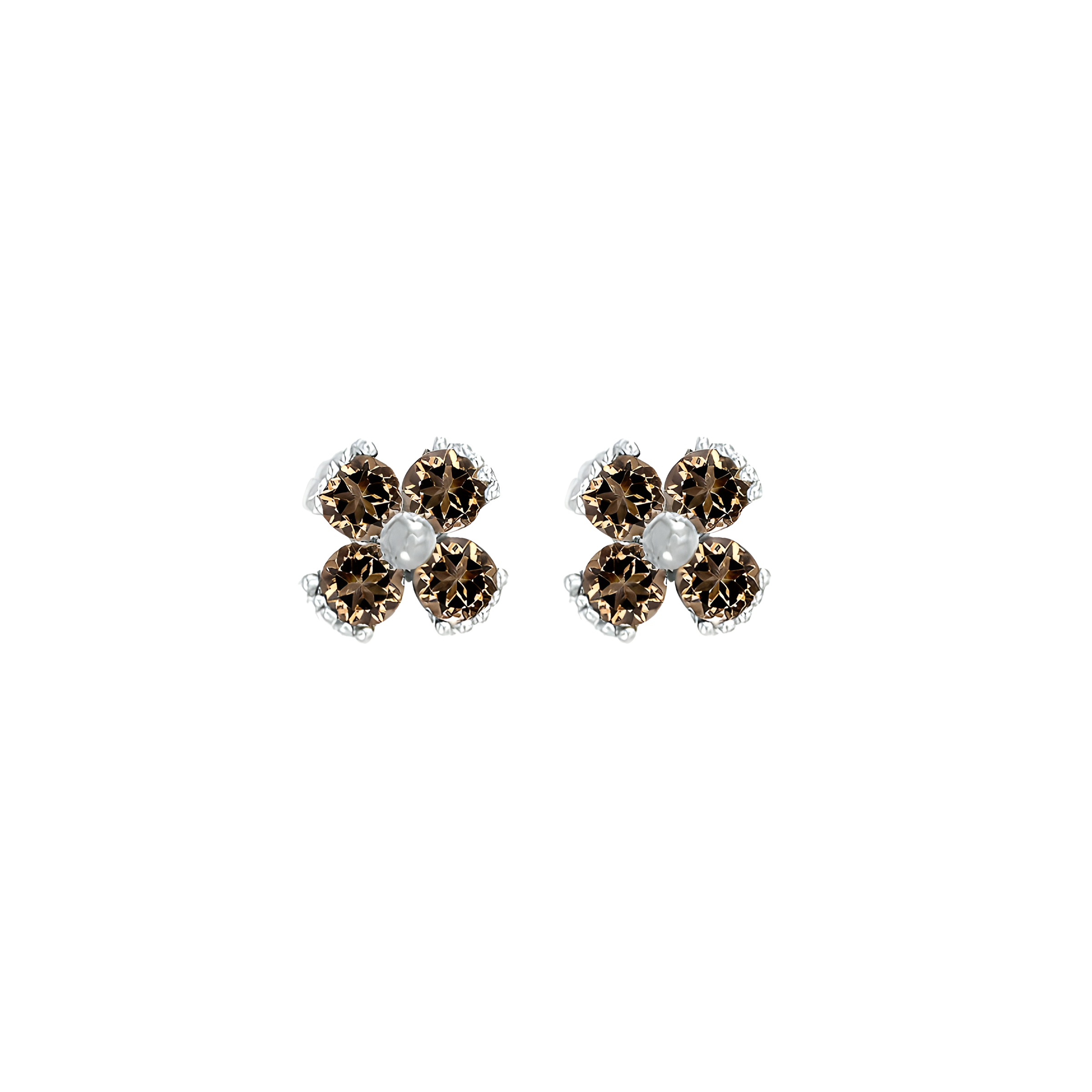 Dainty Floral Smoky Quartz Stud Earrings in 18K White Gold
