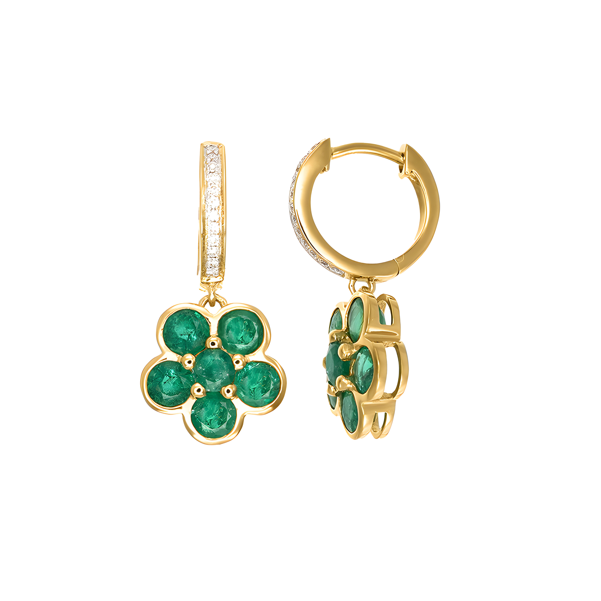 Emerald and Diamond Floral Cluster Drop Earrings in 18k Yellow Gold