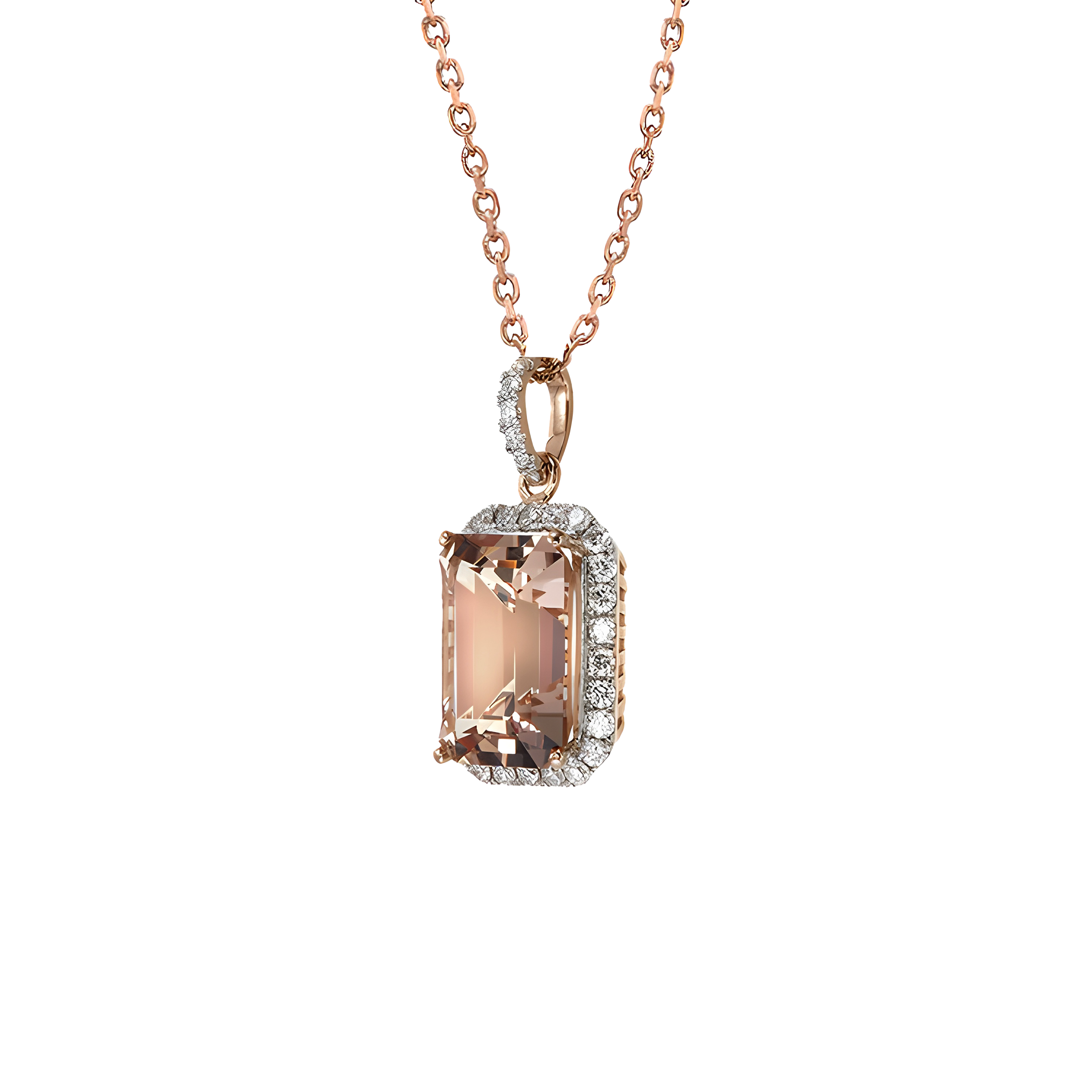 Morganite and Diamond Halo Pendant Necklace in 18k Rose Gold