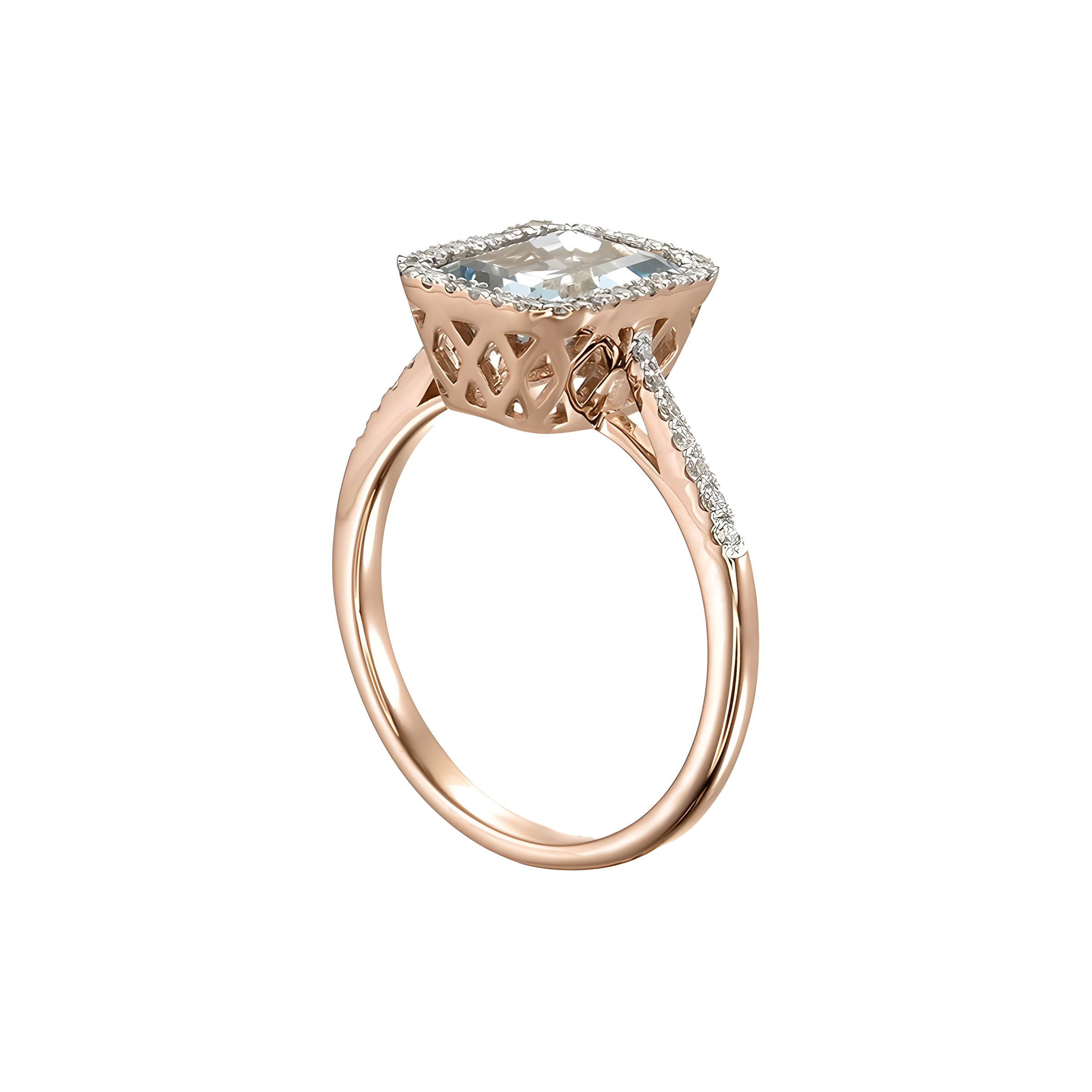 Octagon Aquamarine and Diamond Halo Ring in 18k Rose Gold