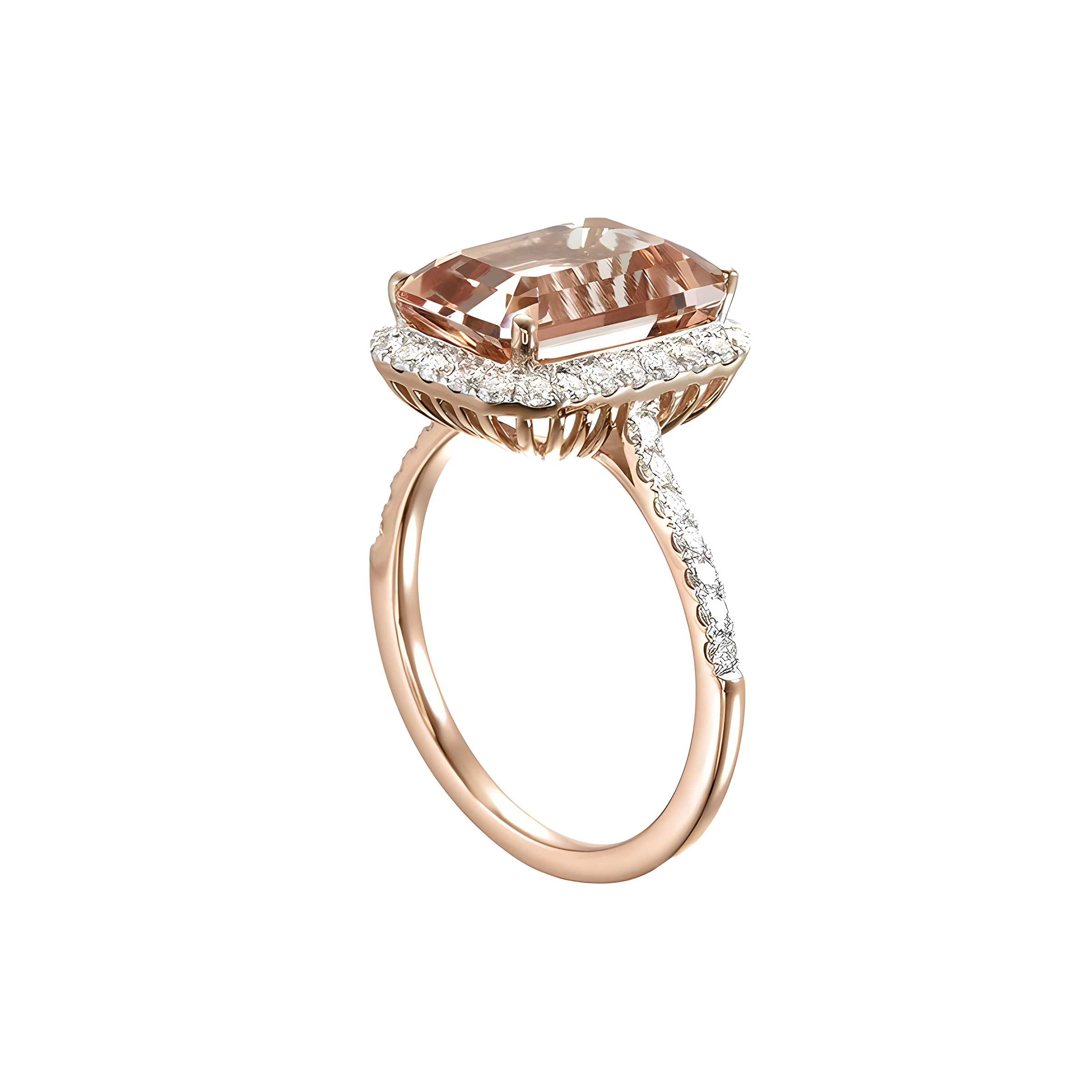 Octagon Morganite and Diamond Halo Ring in 18k Rose Gold
