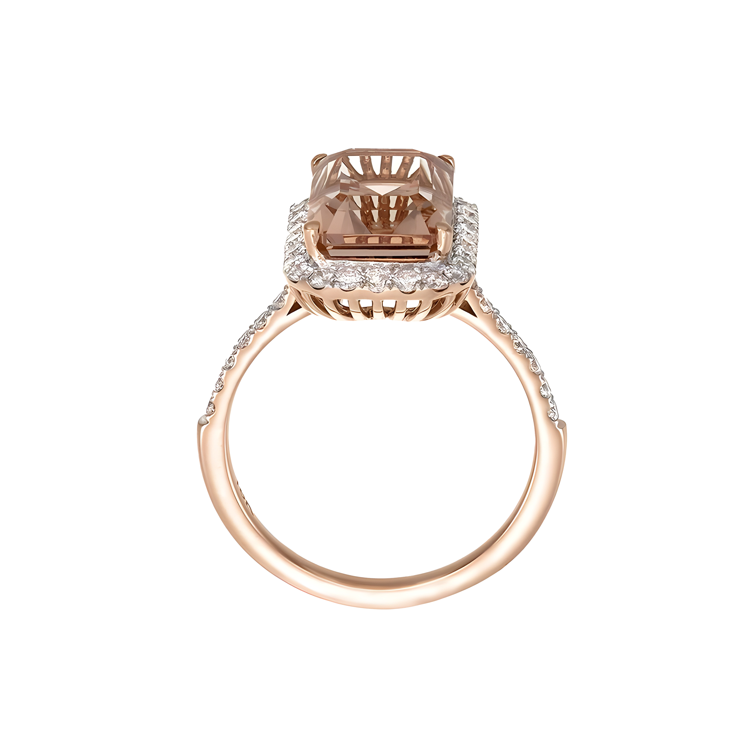 Octagon Morganite and Diamond Halo Ring in 18k Rose Gold