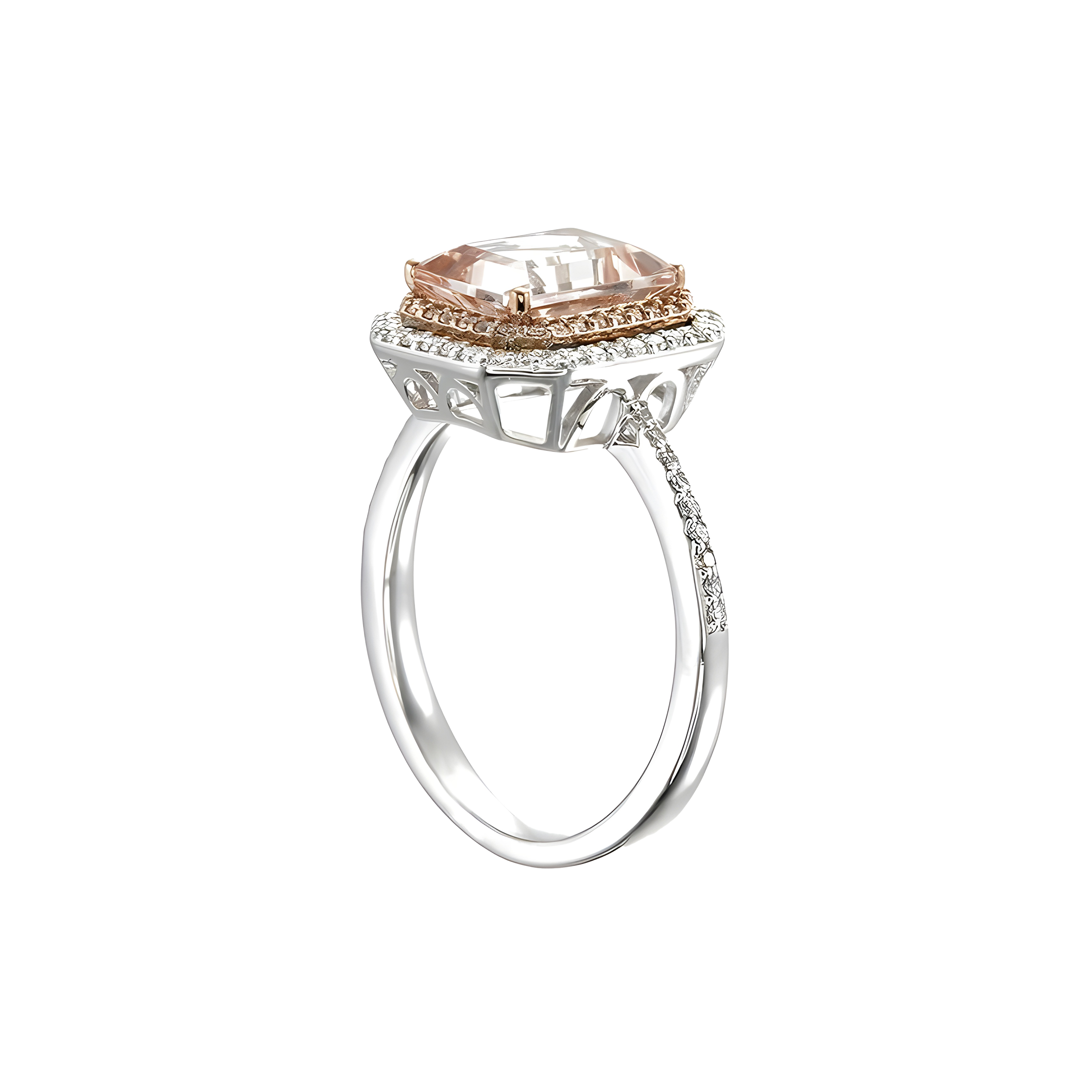 Octagon Morganite and Diamond Halo Ring in 18k Two Tone Gold