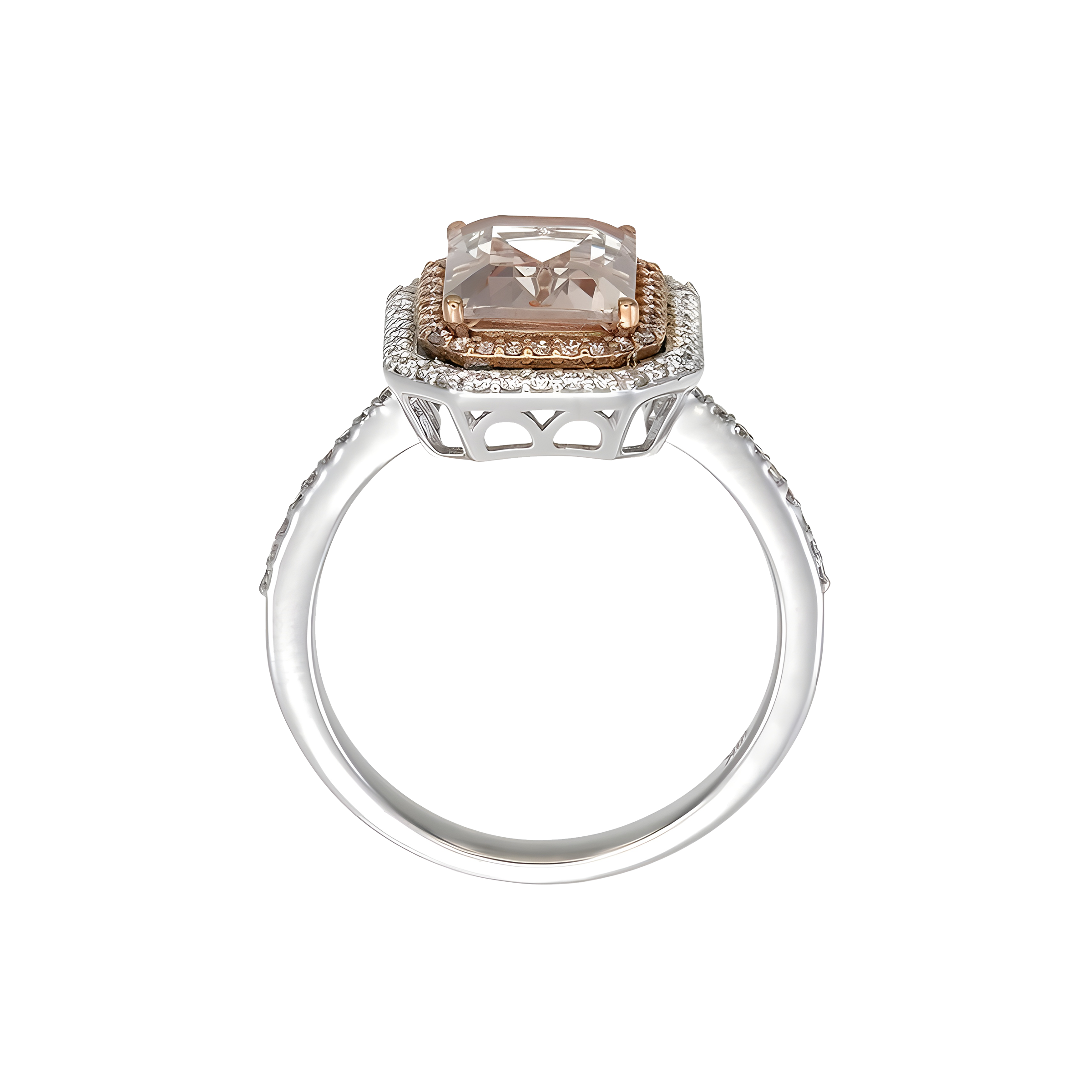 Octagon Morganite and Diamond Halo Ring in 18k Two Tone Gold