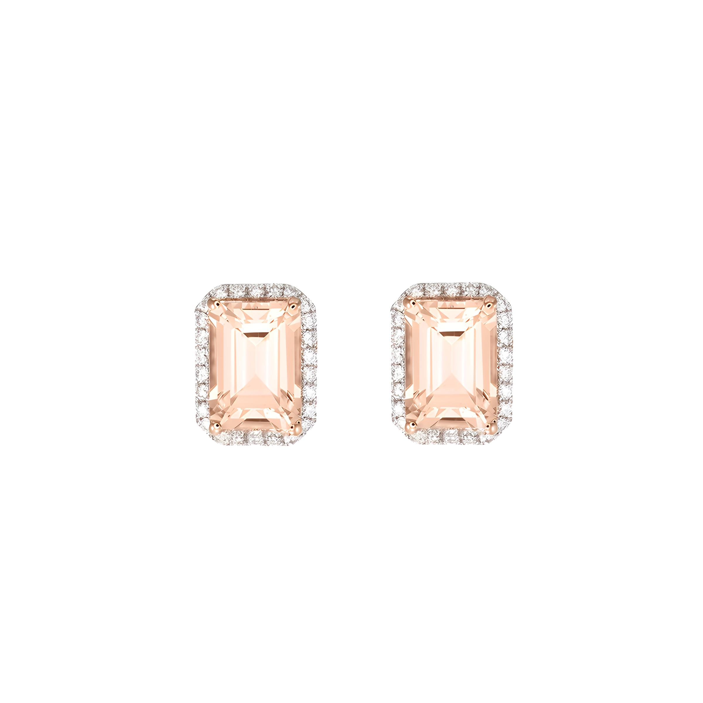 Octagon Shaped Morganite And Diamond Halo Stud Earrings in 18k Rose Gold