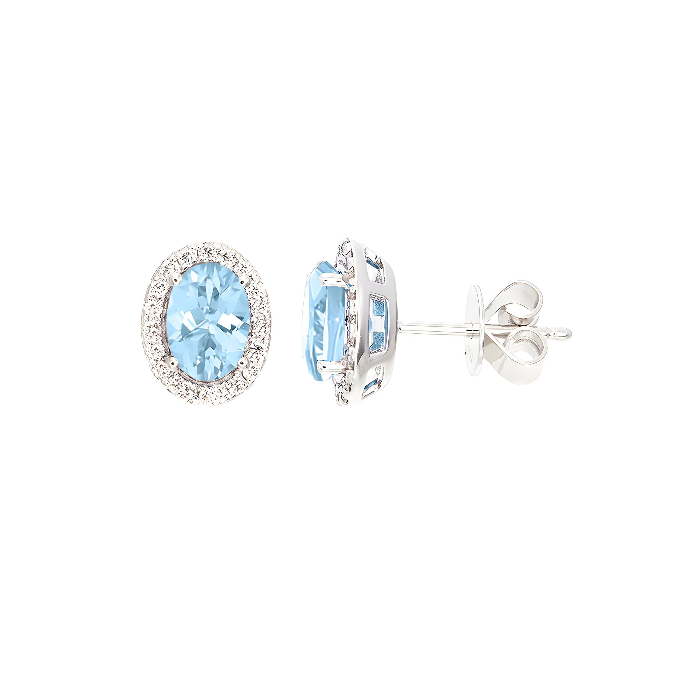 Oval Aquamarine And Diamond Halo Stud Earrings in 18k White Gold