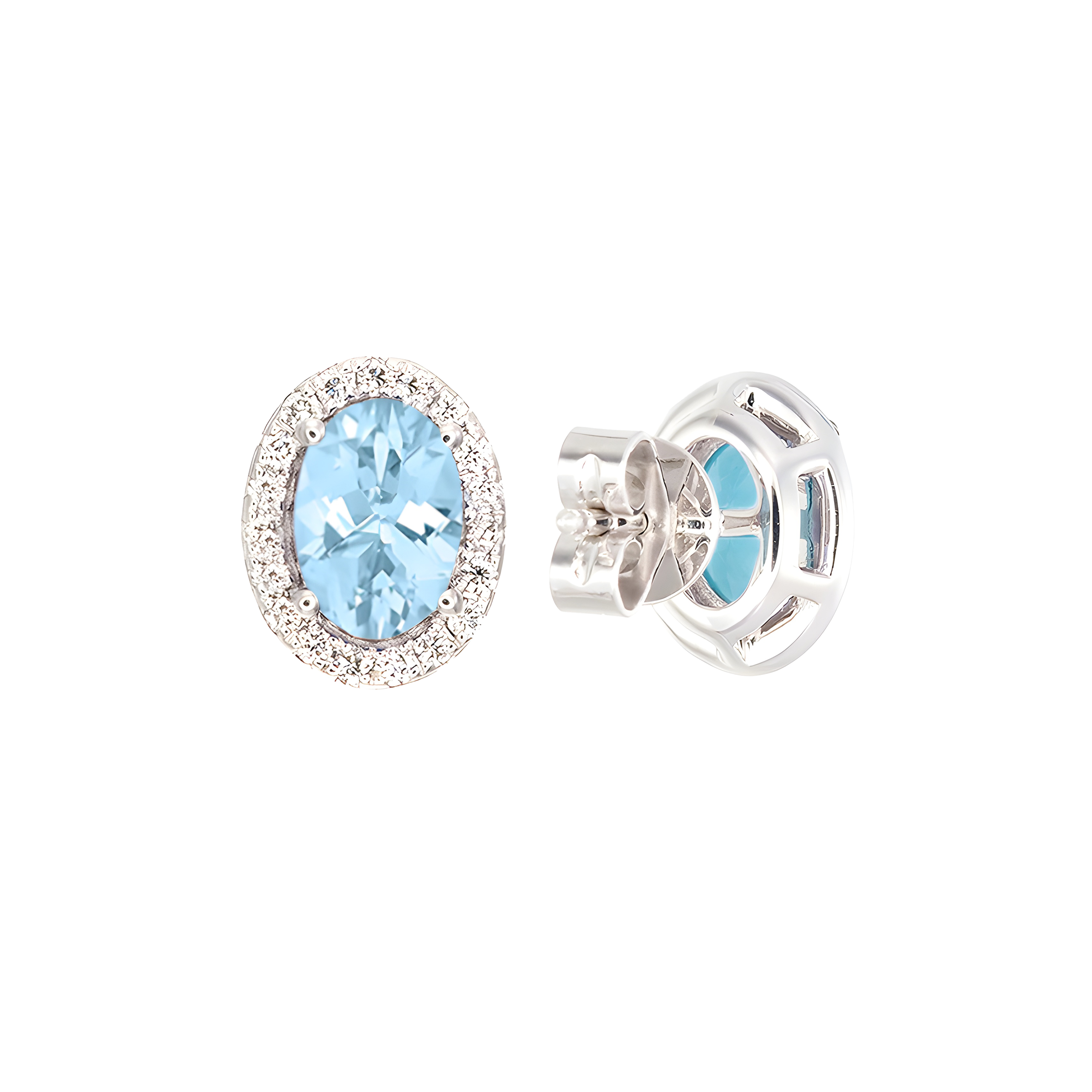 Oval Aquamarine And Diamond Halo Stud Earrings in 18k White Gold