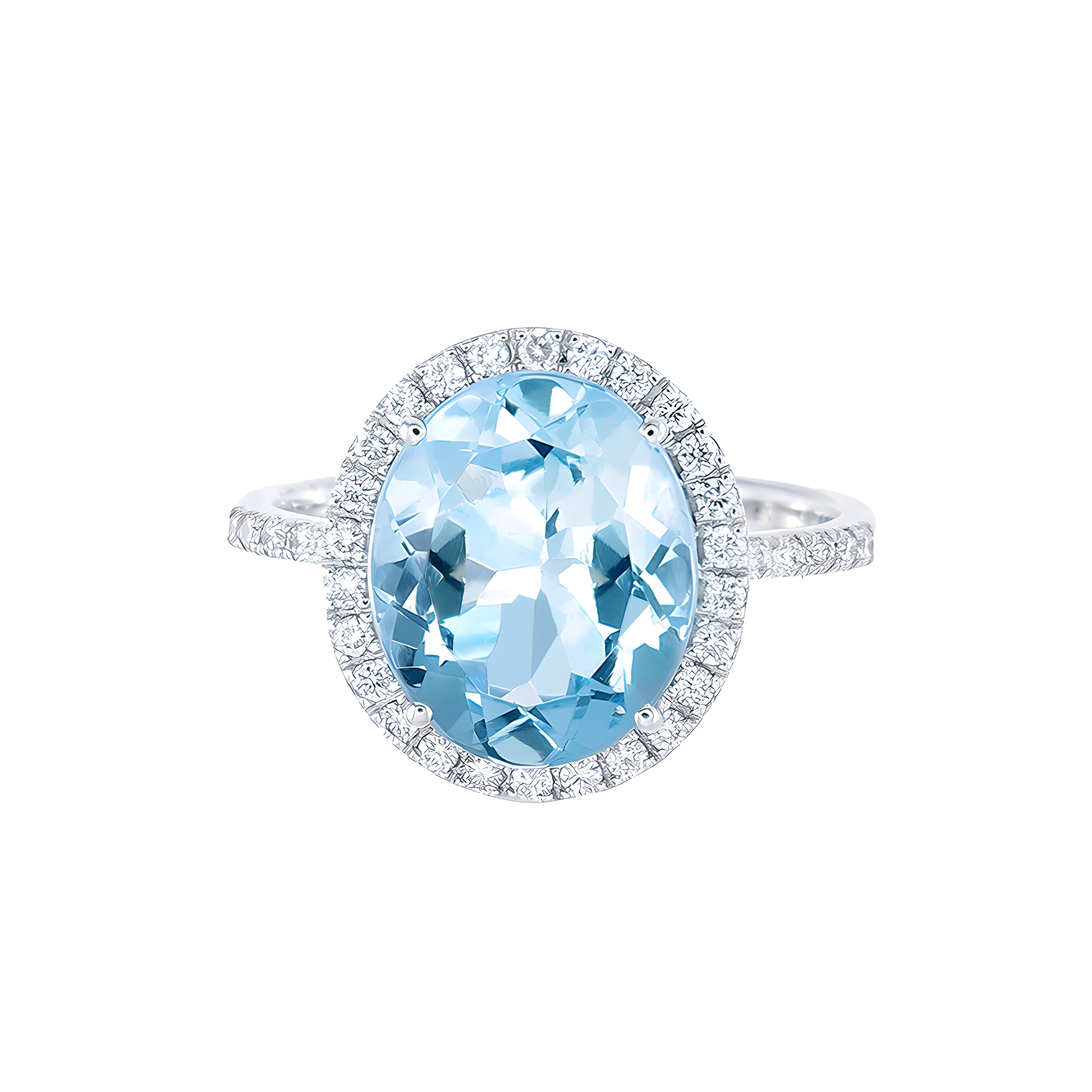 Oval Aquamarine and Diamond Halo Ring in 18k White Gold