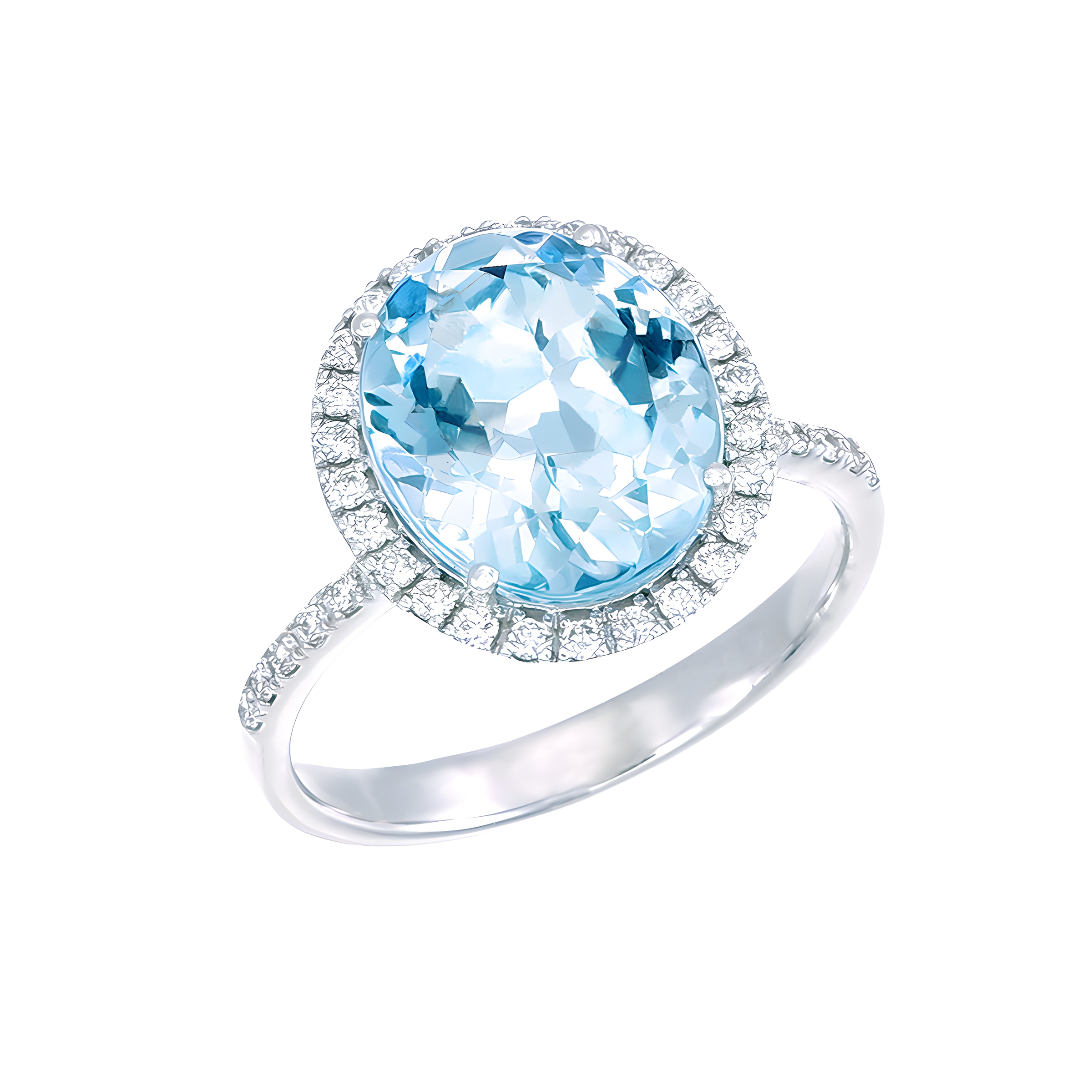 Oval Aquamarine and Diamond Halo Ring in 18k White Gold