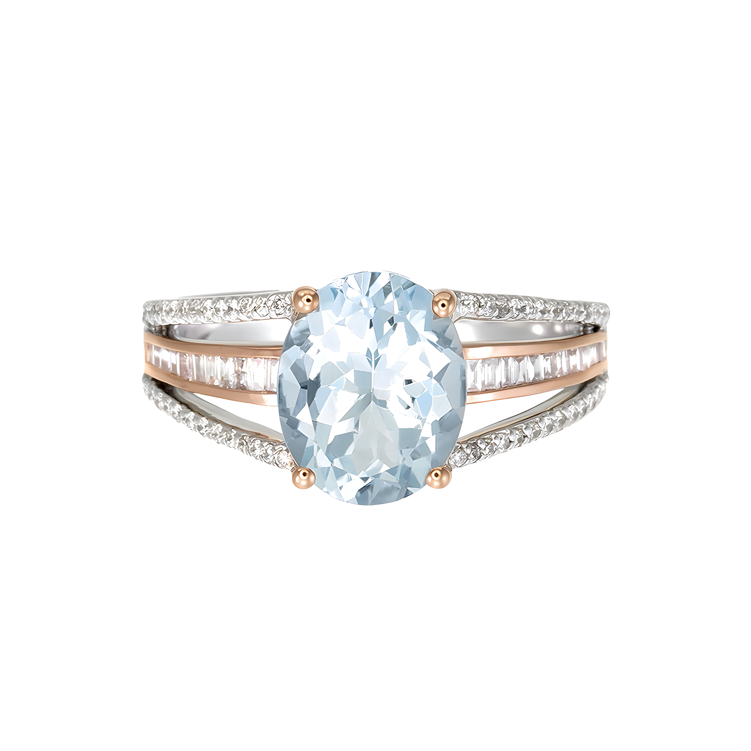 Oval Aquamarine and Diamond Split Ring in 18k Two Tone Gold
