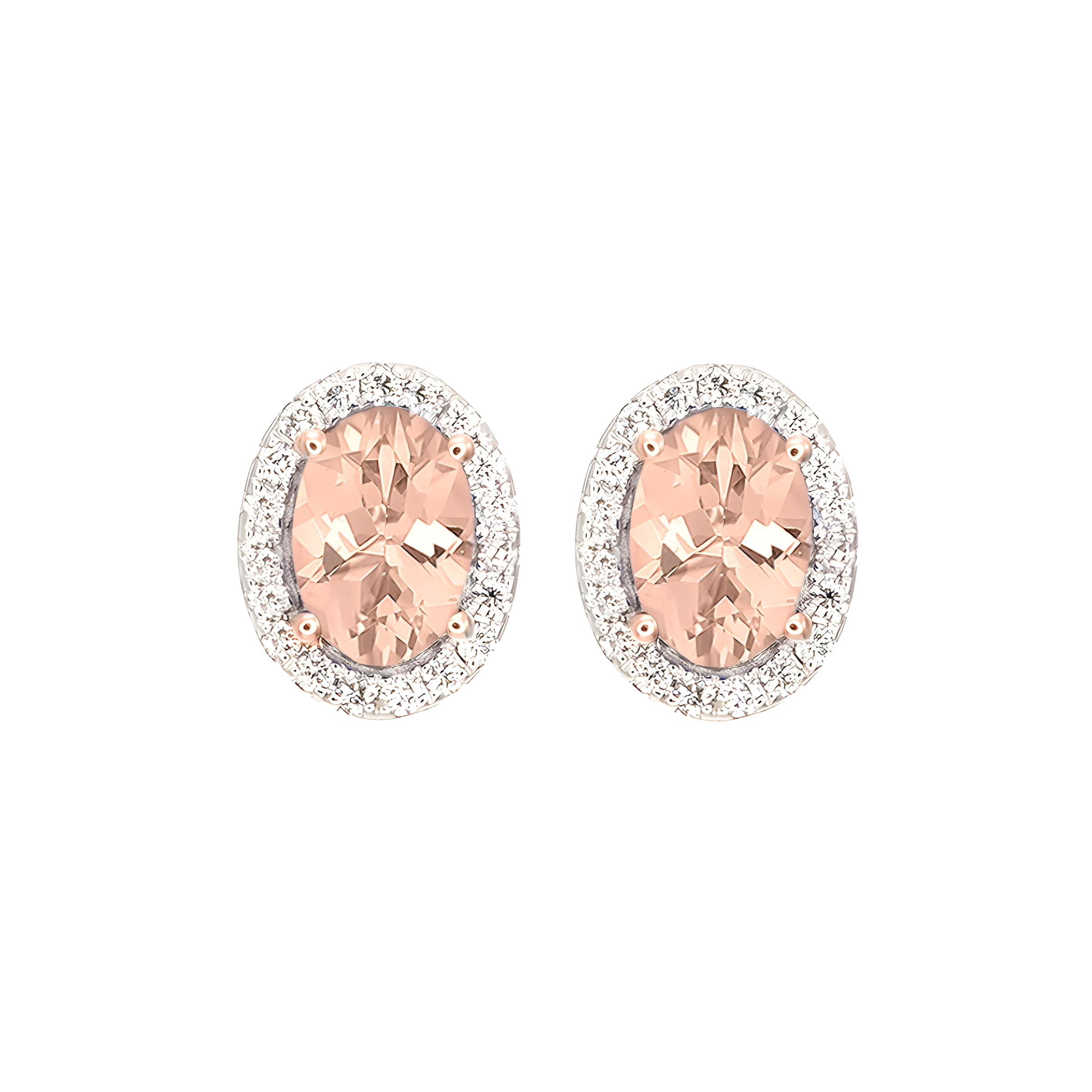Oval Morganite And Diamond Halo Stud Earrings in 18k Rose Gold