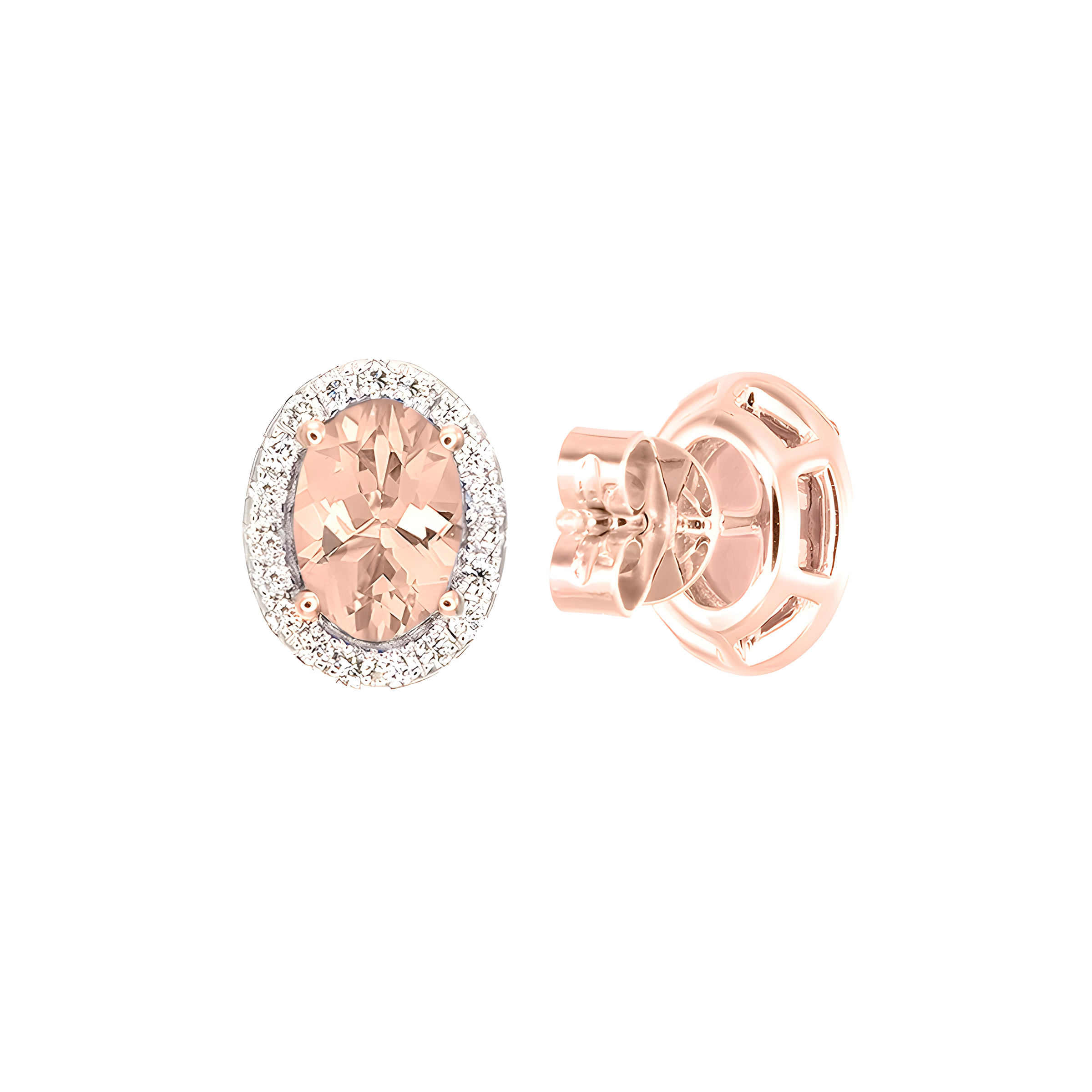 Oval Morganite And Diamond Halo Stud Earrings in 18k Rose Gold