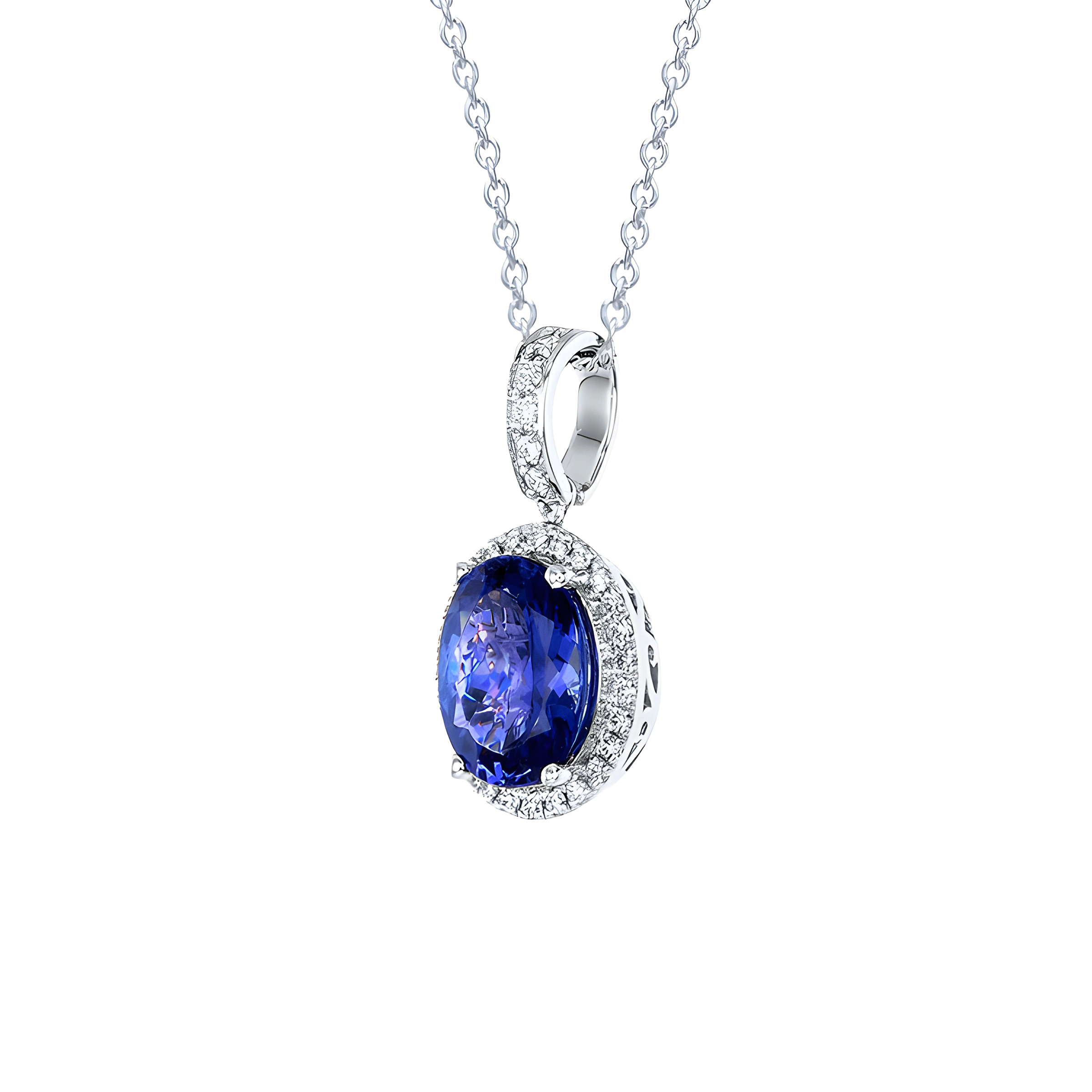 Oval Tanzanite and Diamond Halo Pendant Necklace in 18k White Gold