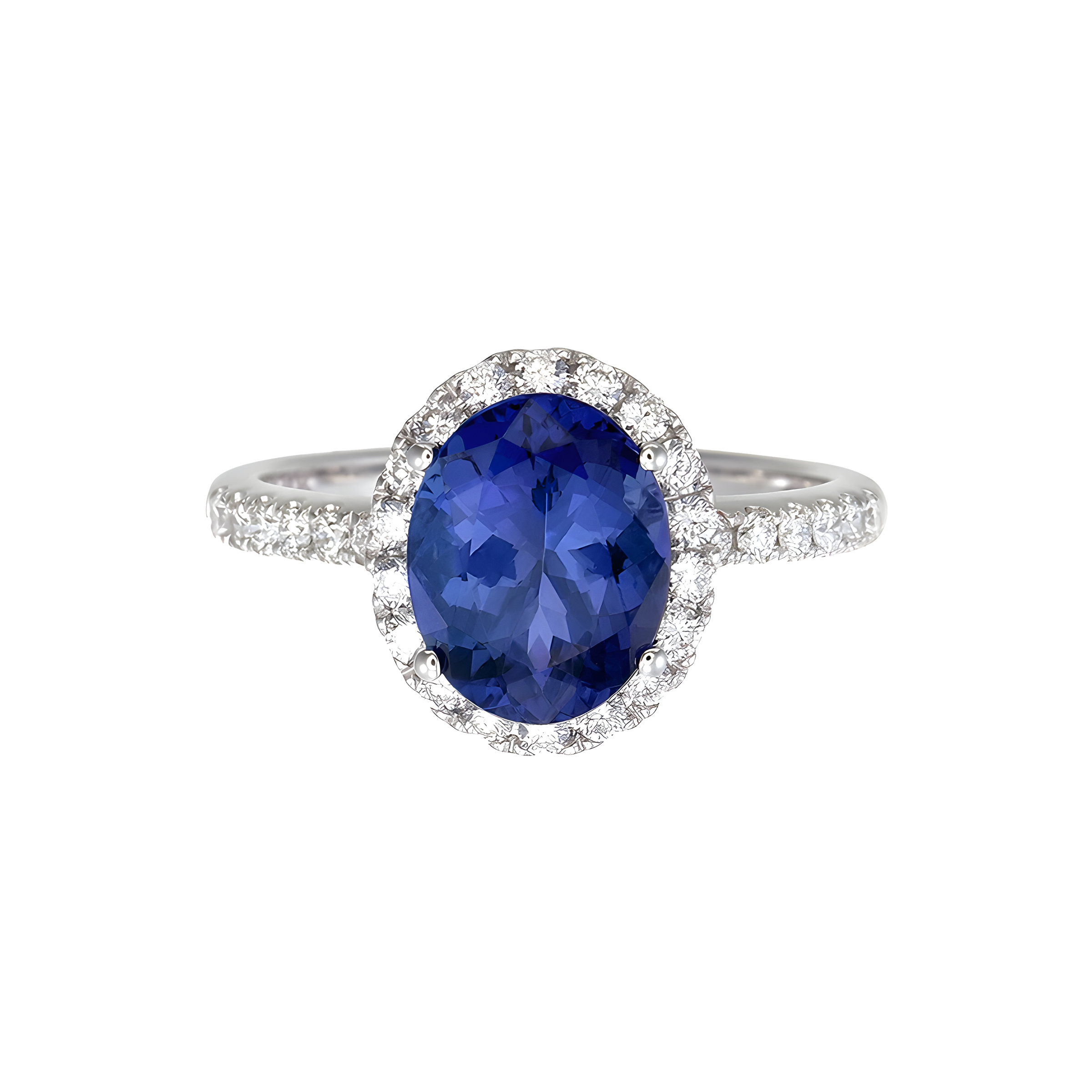Oval Tanzanite and Diamond Halo Ring in 18k White Gold