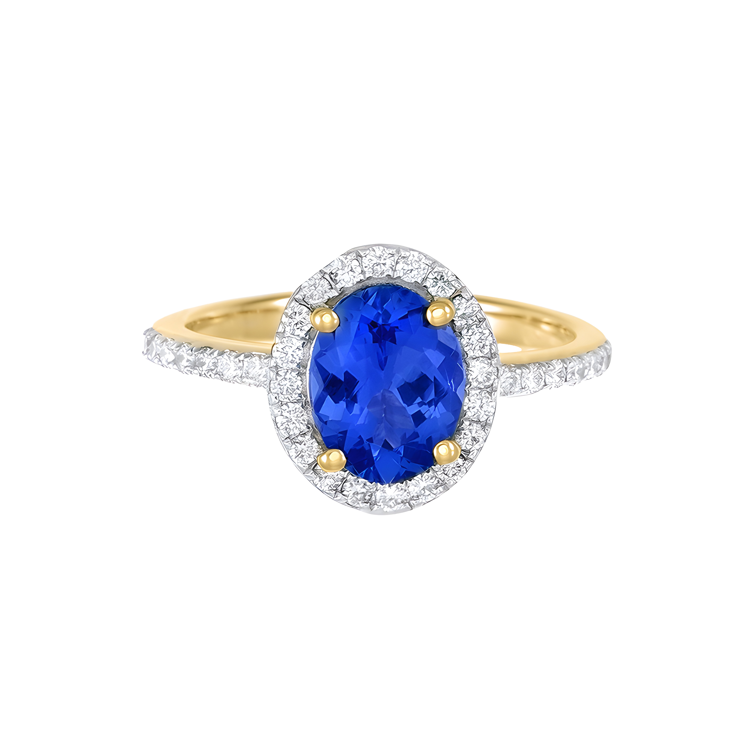 Oval Tanzanite and Diamond Halo Ring in 18k Yellow Gold