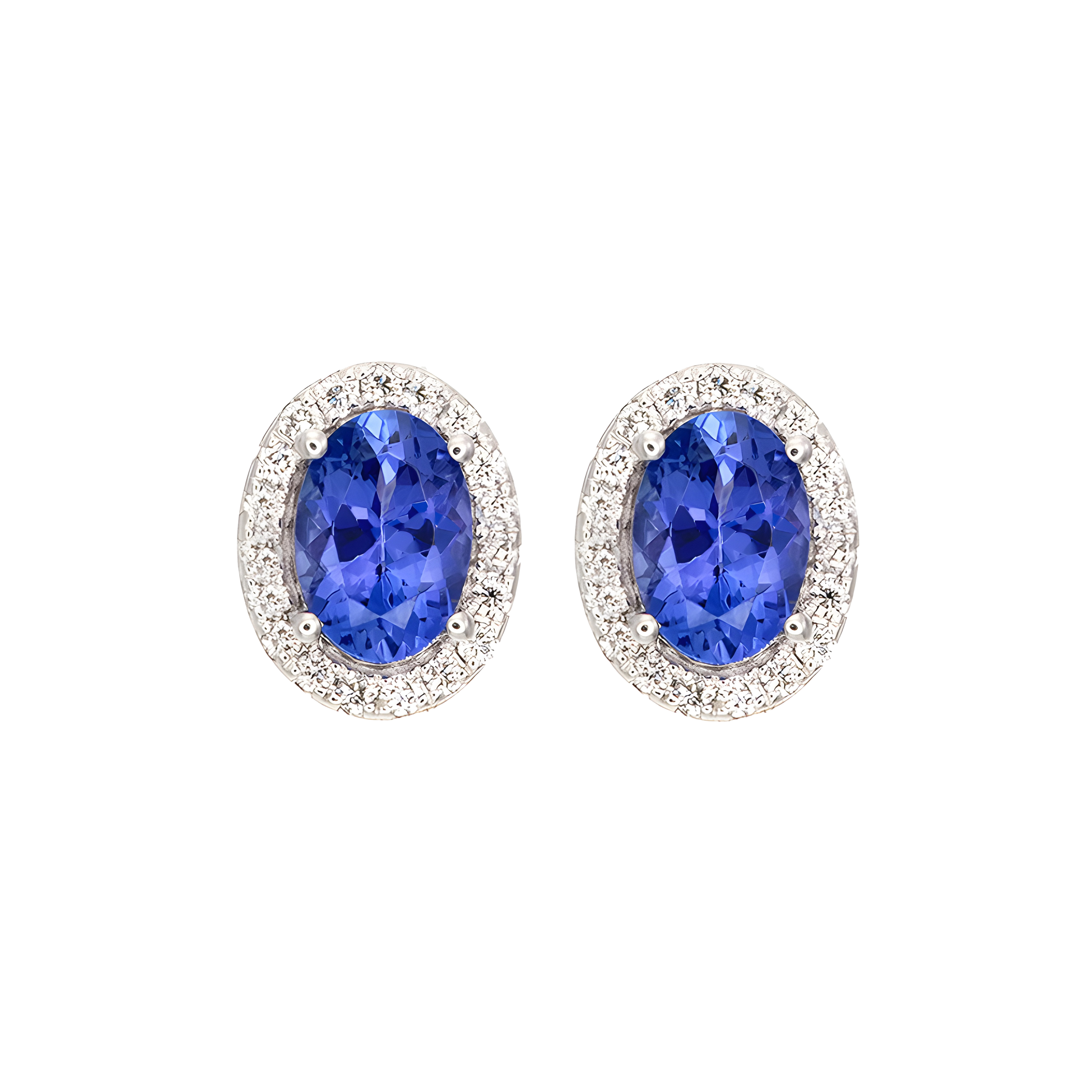 Oval Tanzanite and Diamond Halo Stud Earrings in 18k White Gold