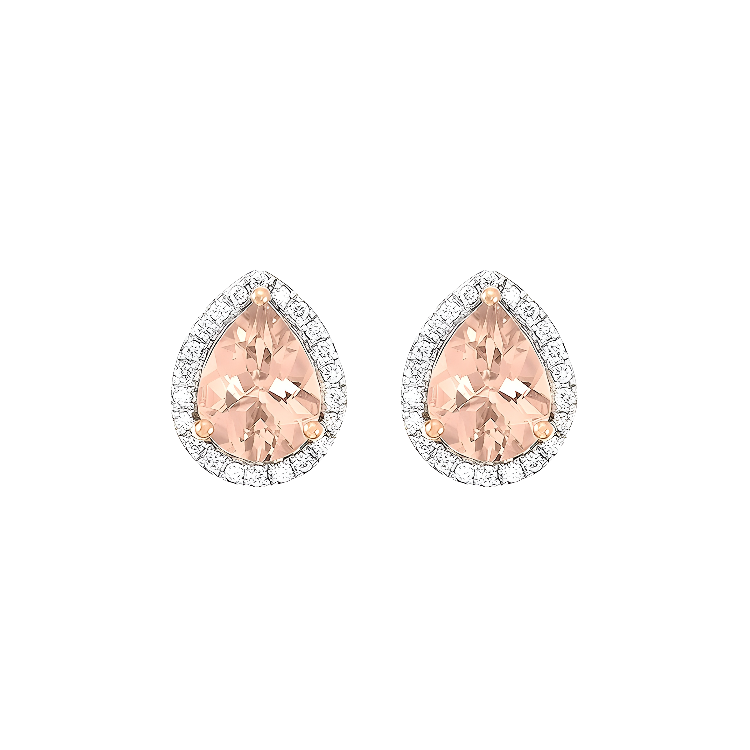 Pear Morganite And Diamond Halo Stud Earrings in 18k Rose Gold