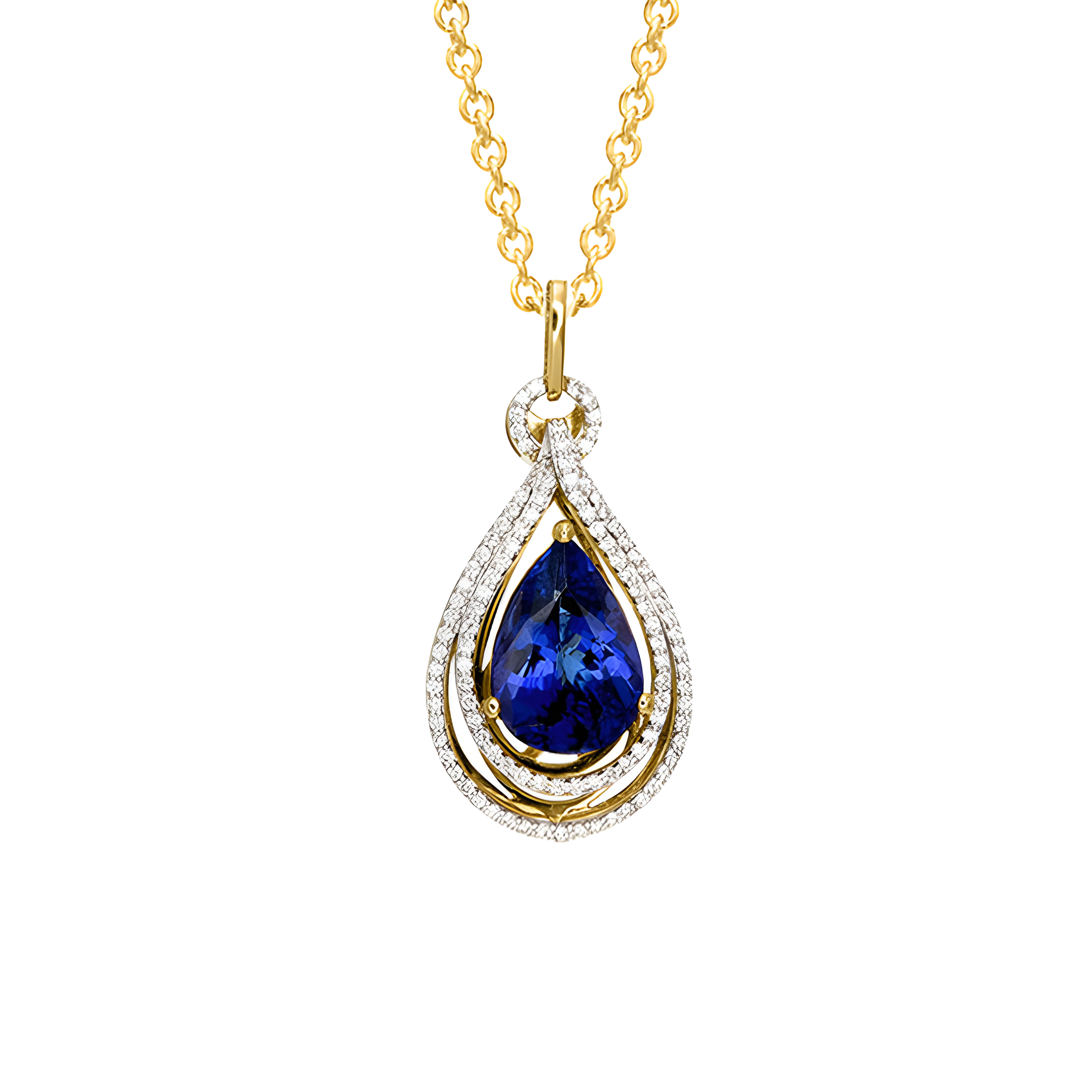 Pear Shaped Tanzanite and Diamond Pendent Necklace in 18k Yellow Gold