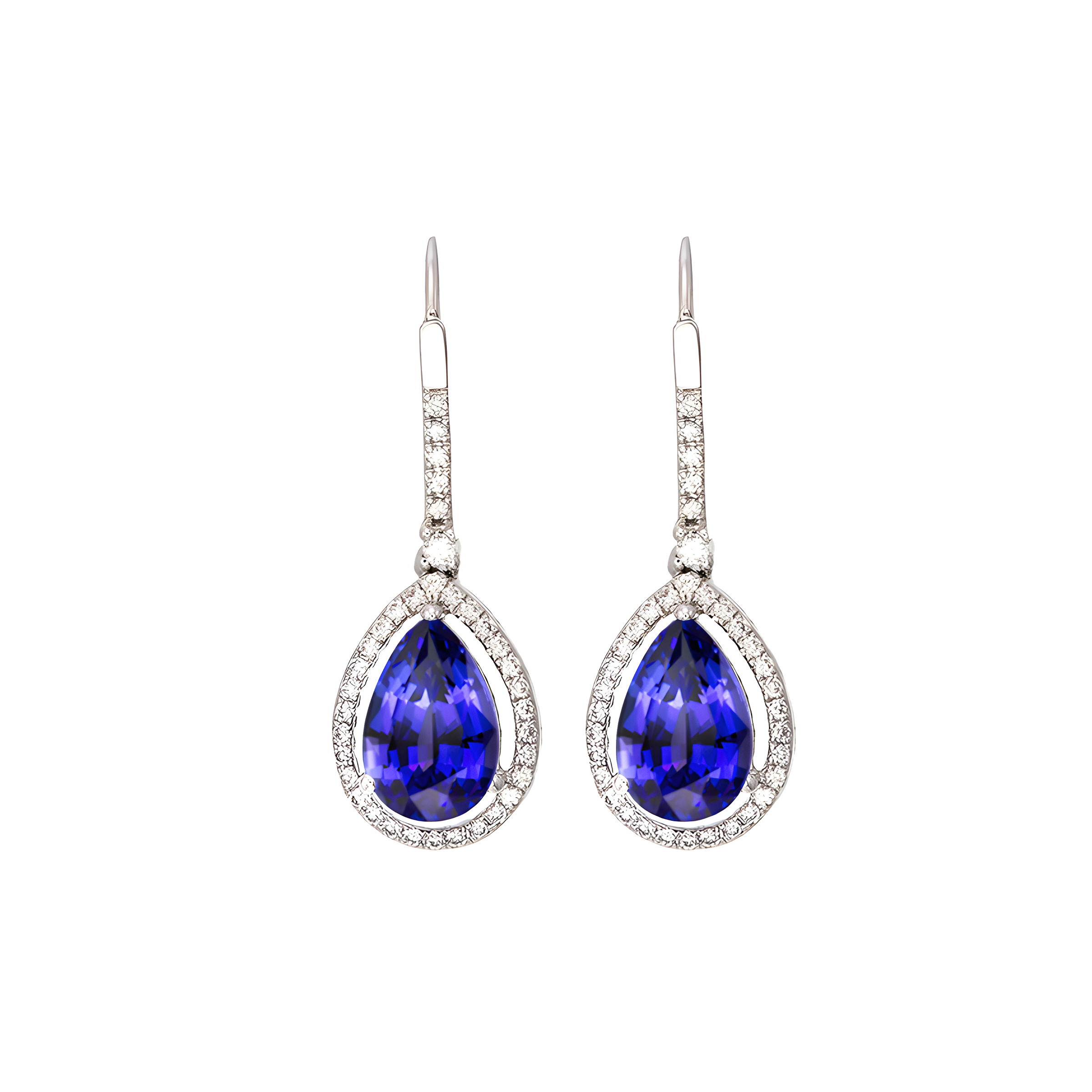 Pear Tanzanite and Diamond Halo Earrings in 18k White Gold