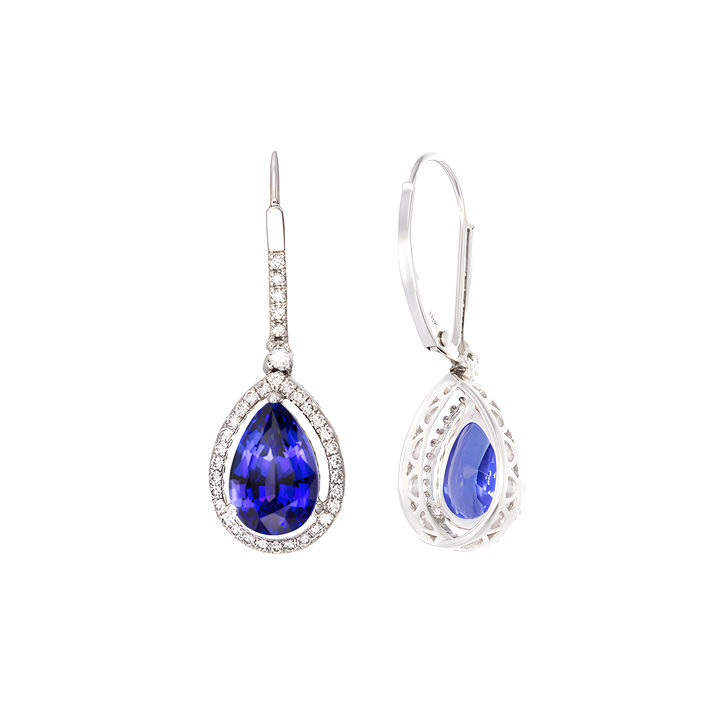 Pear Tanzanite and Diamond Halo Earrings in 18k White Gold