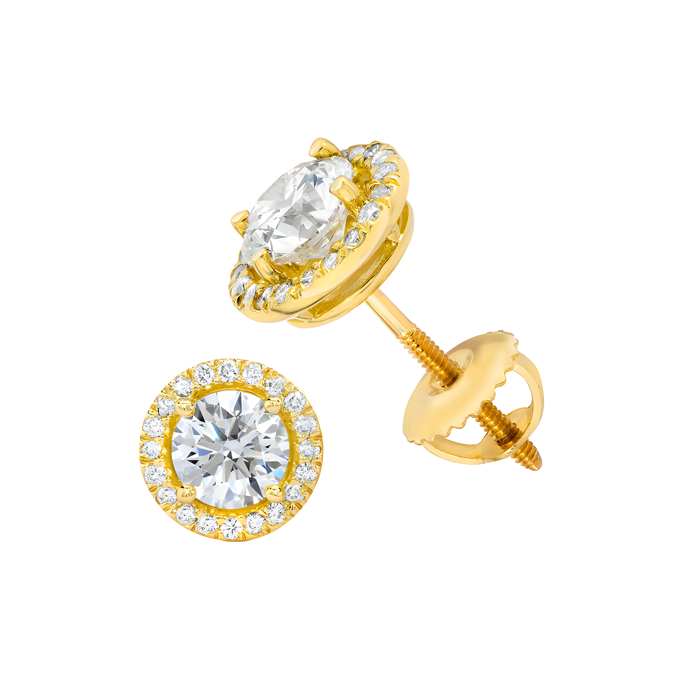 Round Diamond Halo Stud Earrings in 18k Yellow Gold