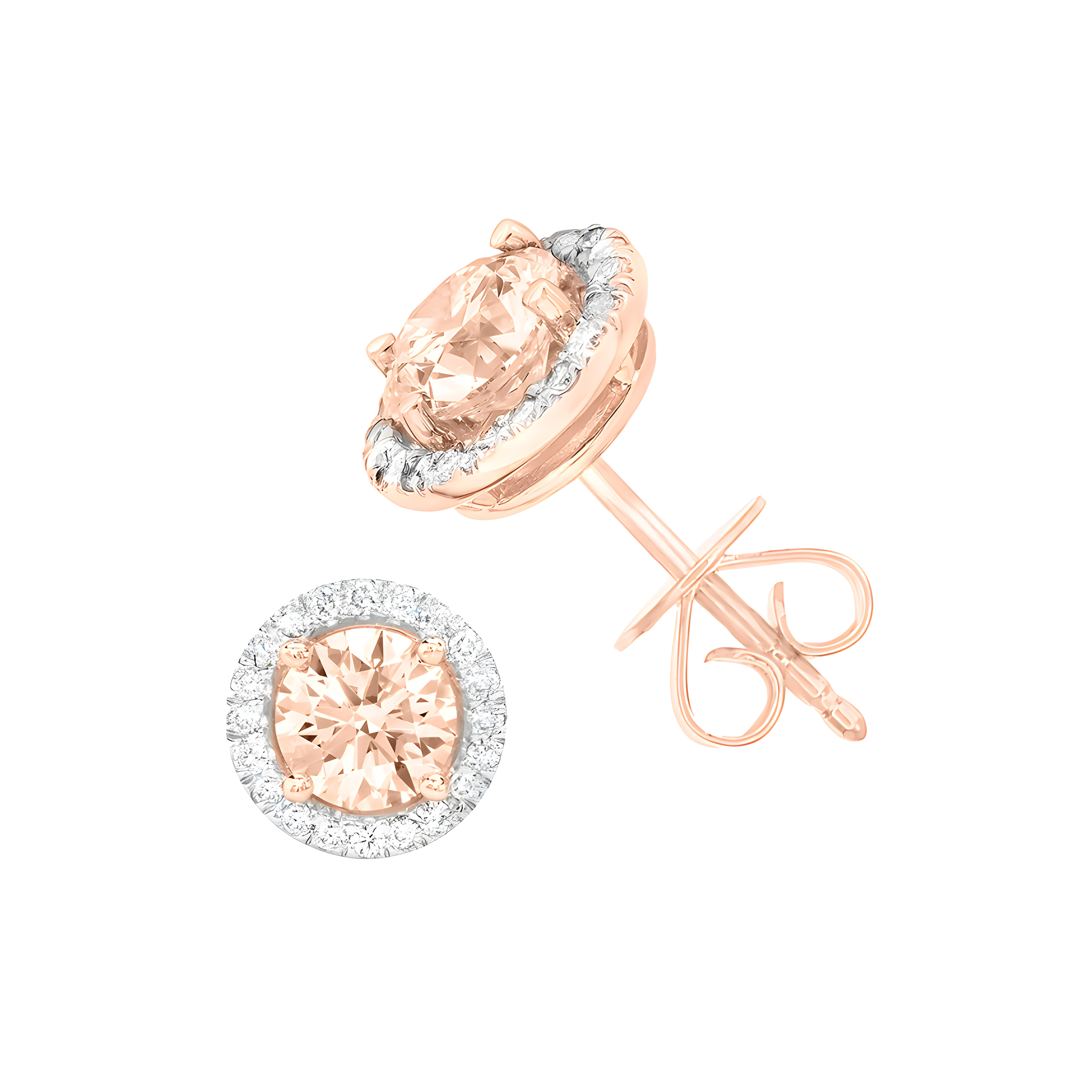 Round Morganite And Diamond Halo Stud Earrings in 18k Rose Gold