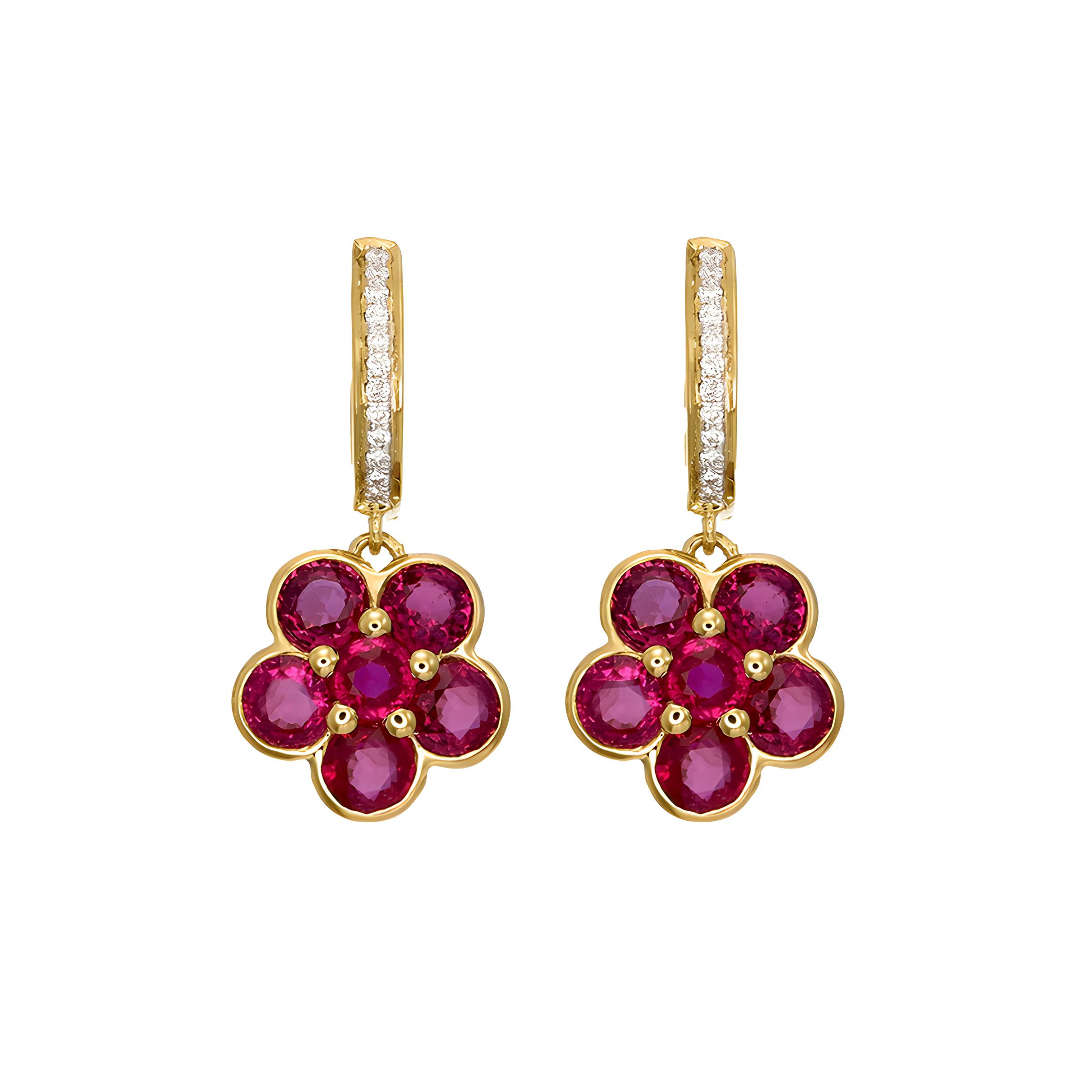 Ruby and Diamond Floral Cluster Drop Earrings in 18k Yellow Gold