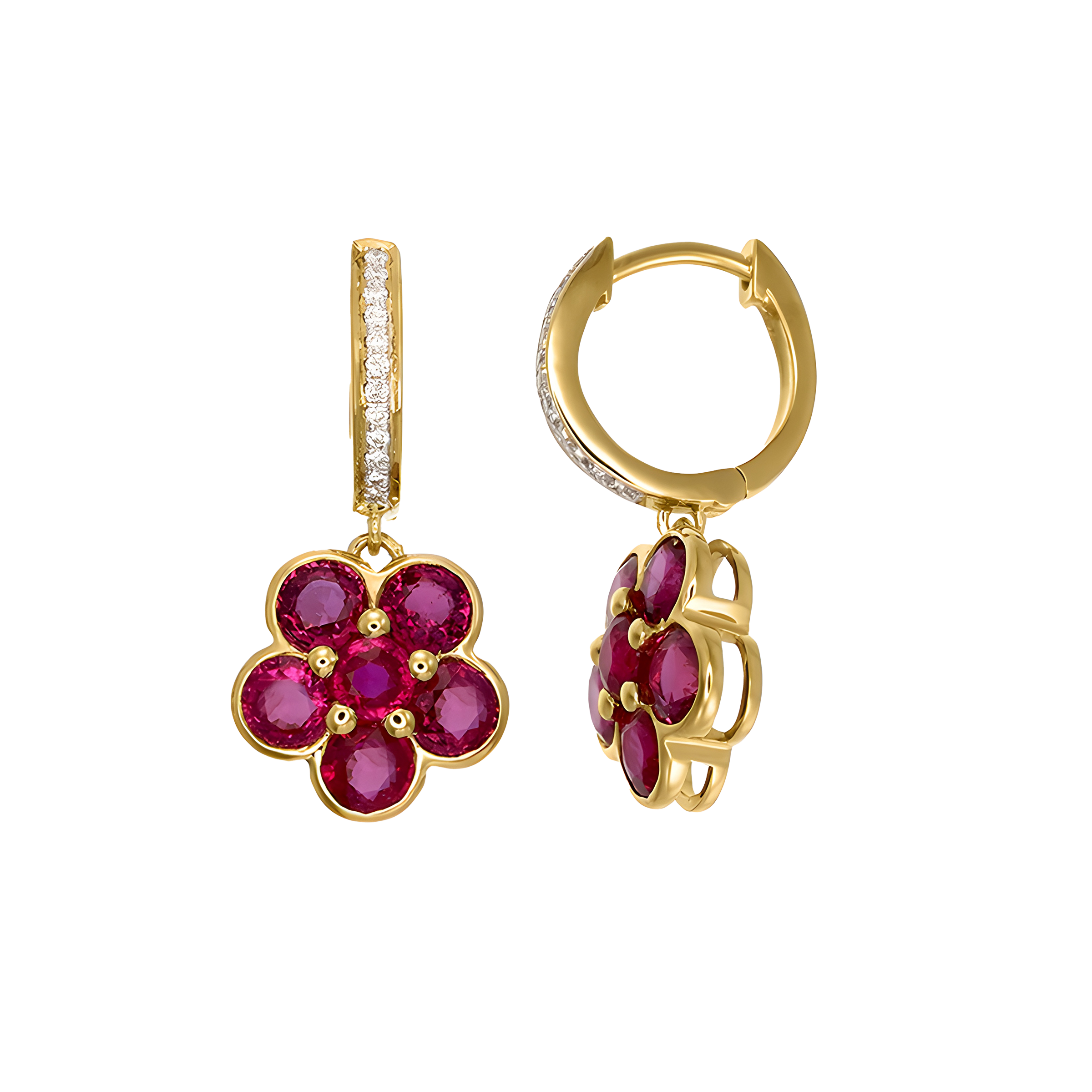 Ruby and Diamond Floral Cluster Drop Earrings in 18k Yellow Gold