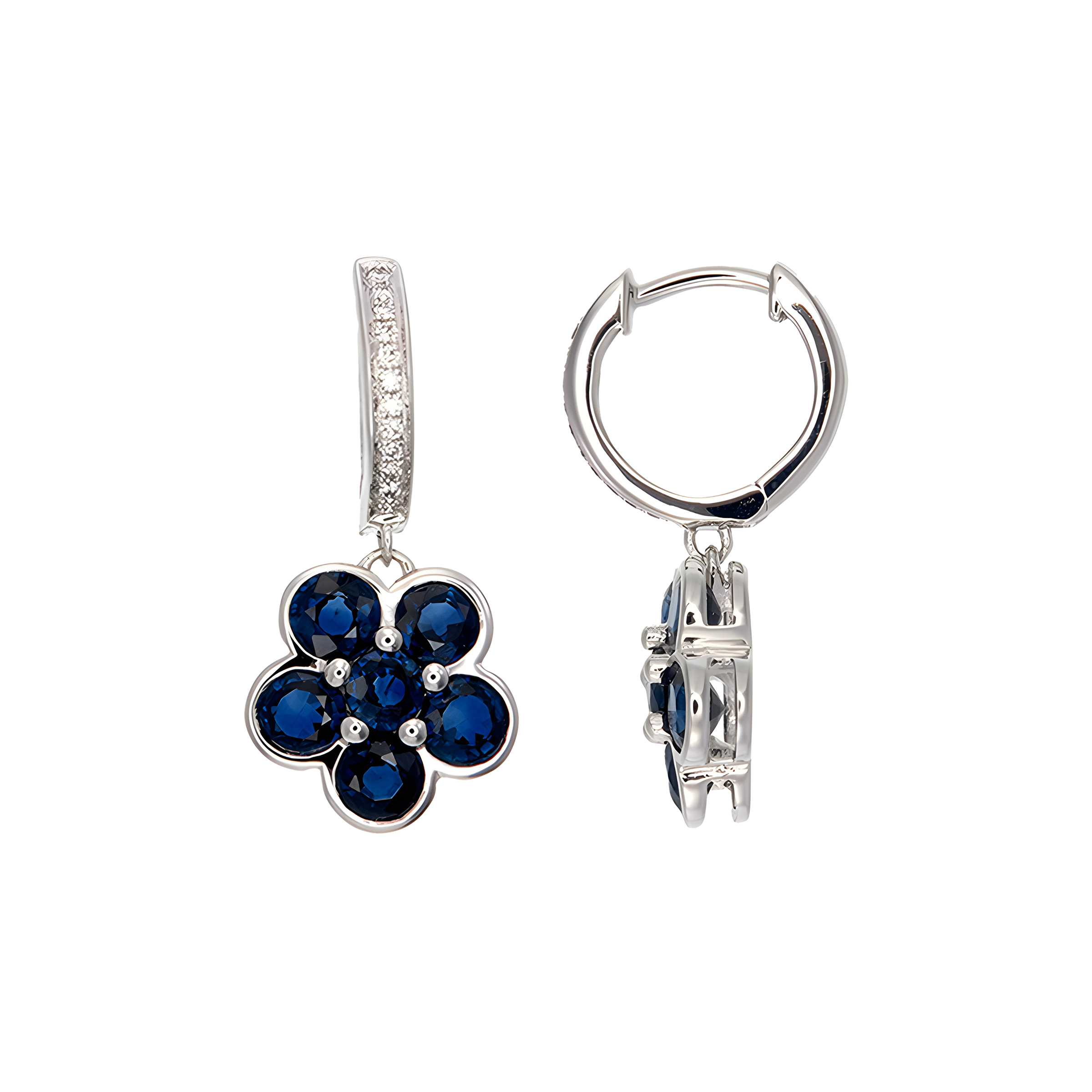 Sapphire and Diamond Floral Cluster Drop Earrings in 18k White Gold