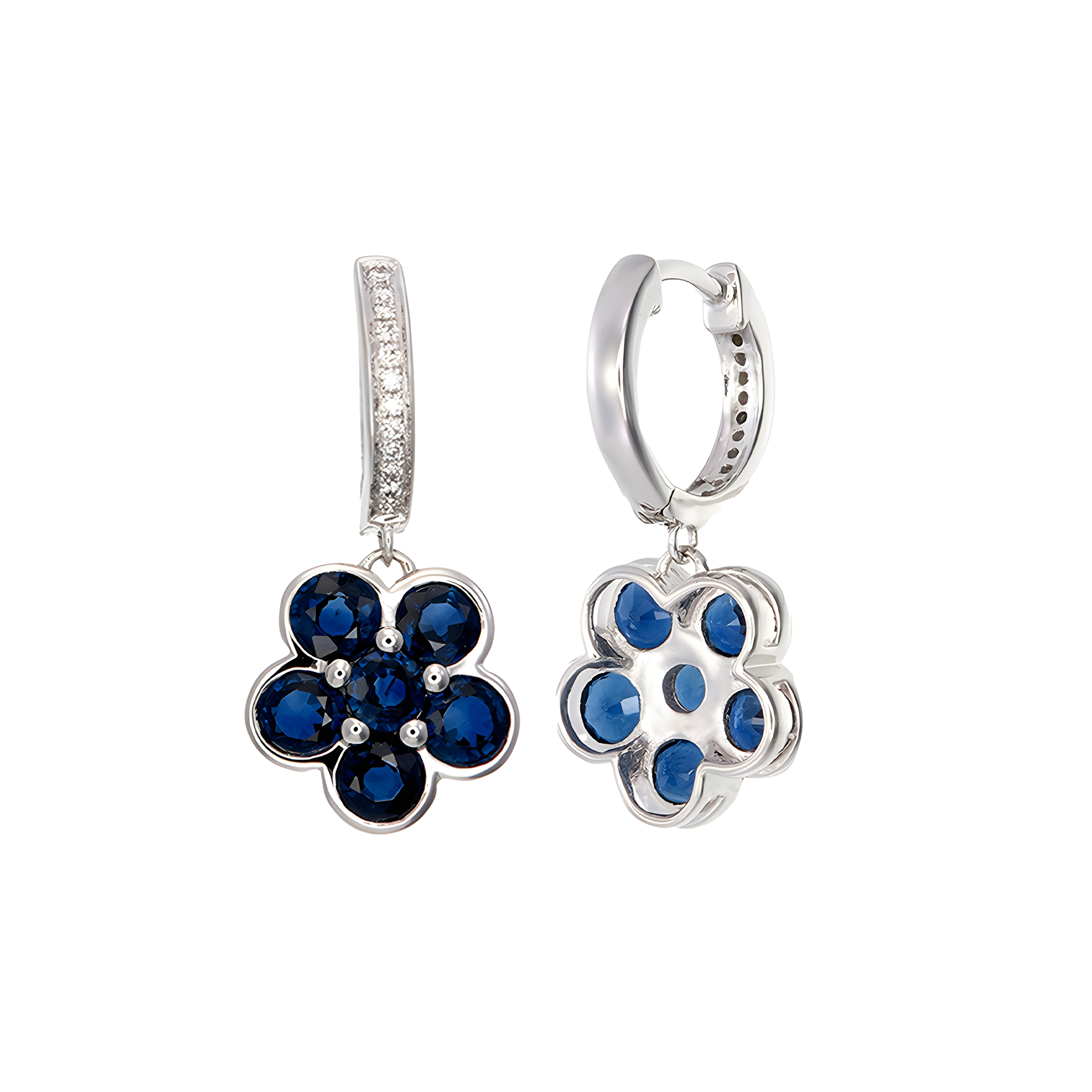 Sapphire and Diamond Floral Cluster Drop Earrings in 18k White Gold